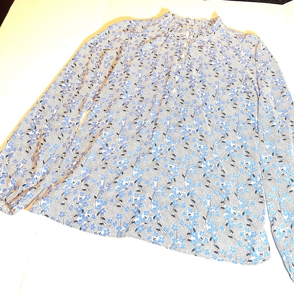“LOFT Blue Floral Tie Neck Blouse Romantic Boho Cottagecore” Sz. Small - Picture 8 of 12